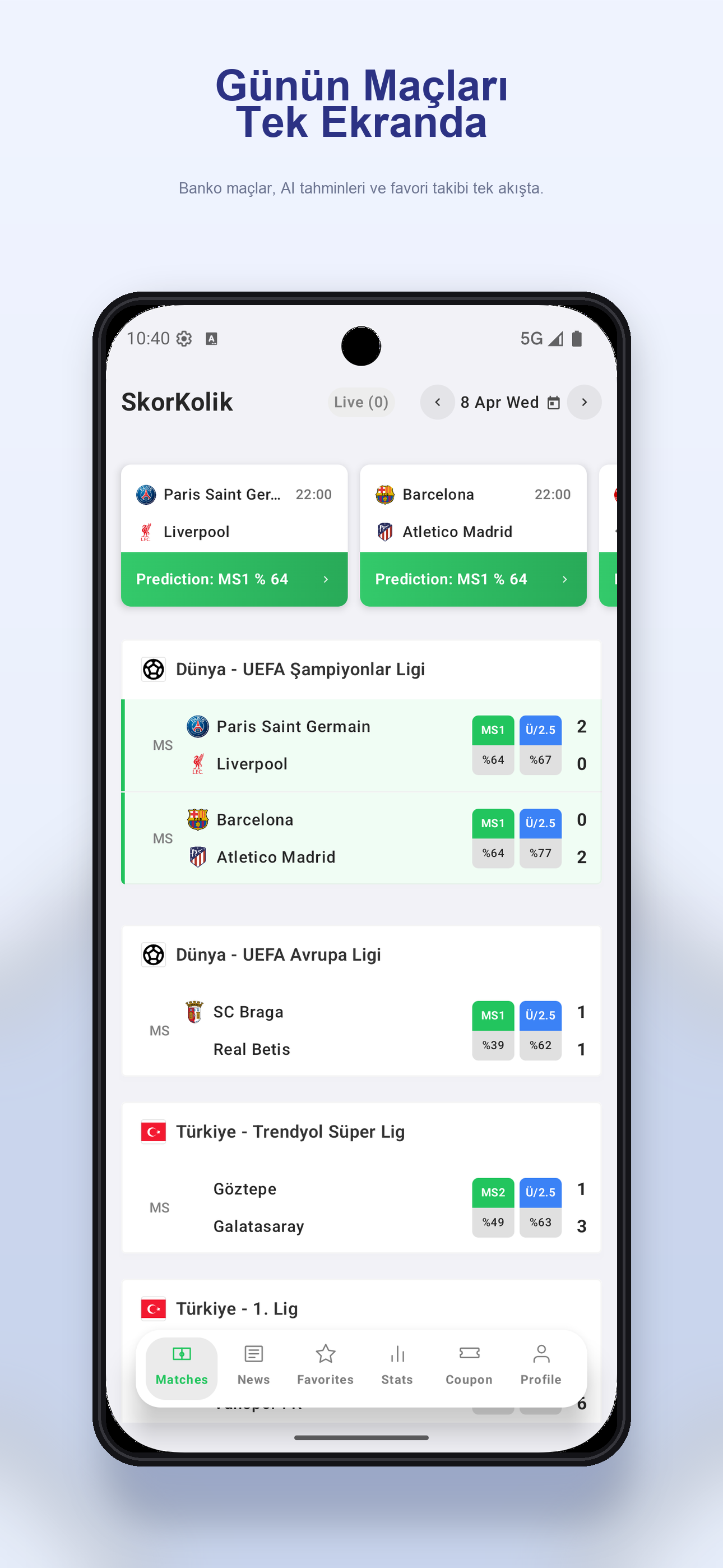 Skorkolik Android uygulama ekranı
